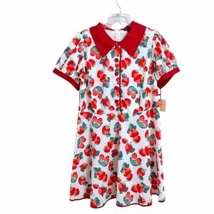 Smak Parlour Retro Strawberry Dress 1X NWT White Red Collar Rockabilly Swing